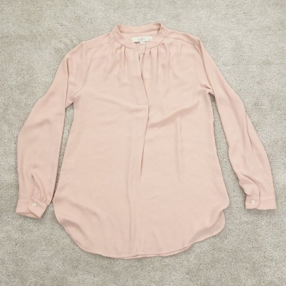 LOFT Petites Top Womens XXSP Pink Long Sleeve V-Neck Pleated Chiffon Boho - Picture 1 of 8